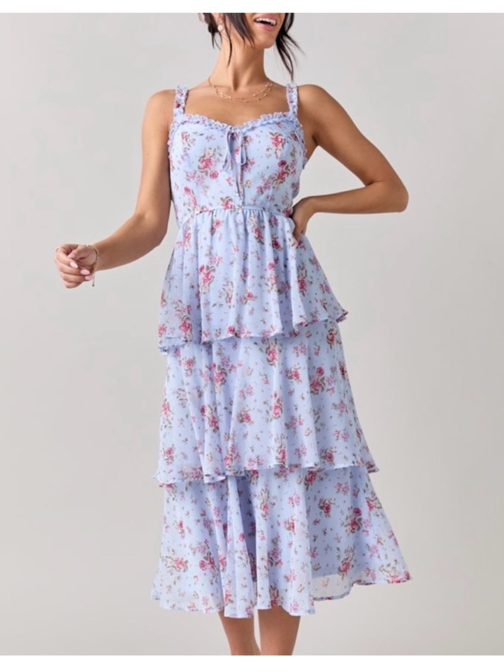Francesca's Audrey Parks Floral Midi Dress Tiered Chiffon Cottagecore Sz Med